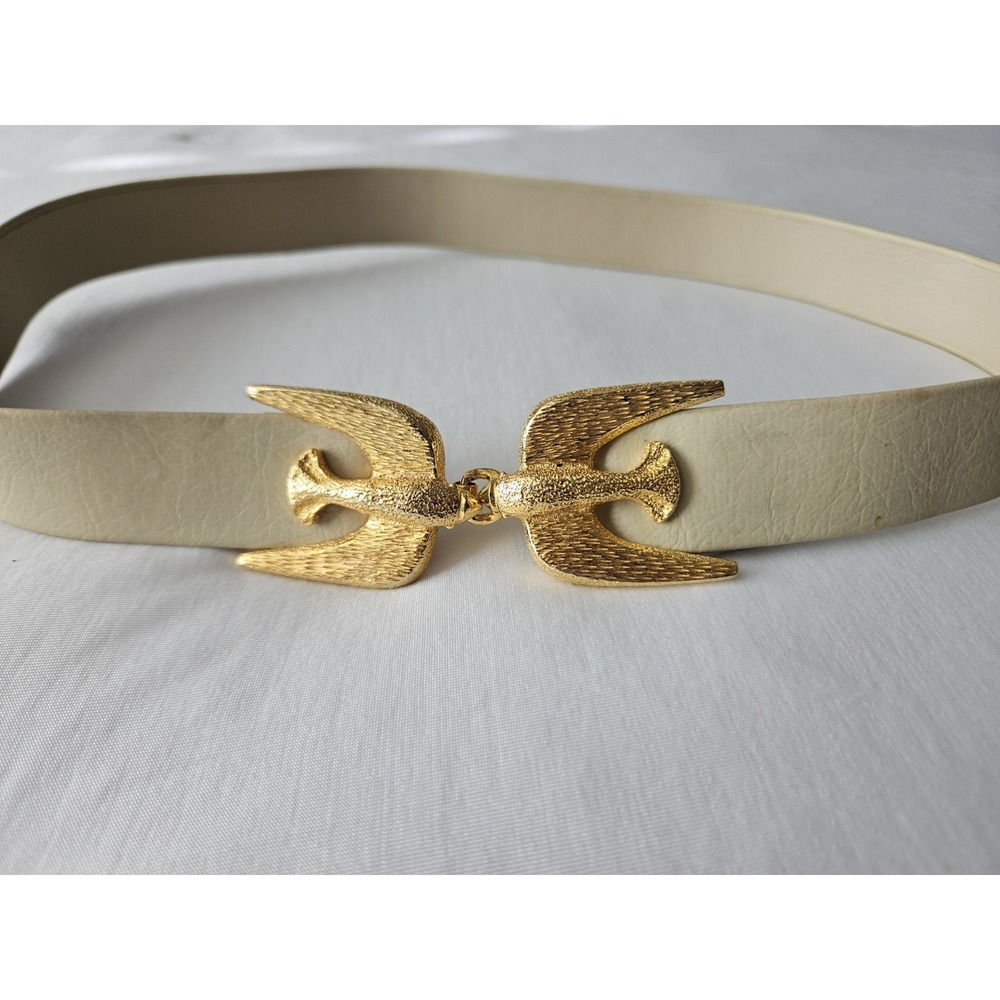 Vtg 1973 Mimi Di N Ivory Cream Leather Gold Buckle Love Birds Sparrows Belt - Picture 2 of 12